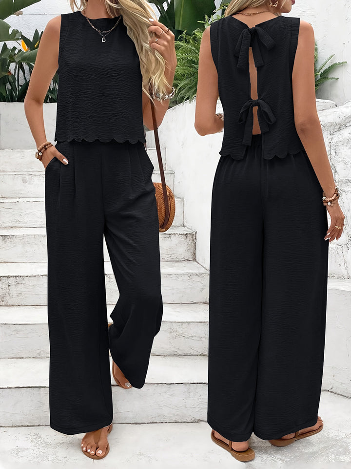 Combinaison Élégante à Pantalon Large – Ensemble Chic Sans Manches avec Dos Noué