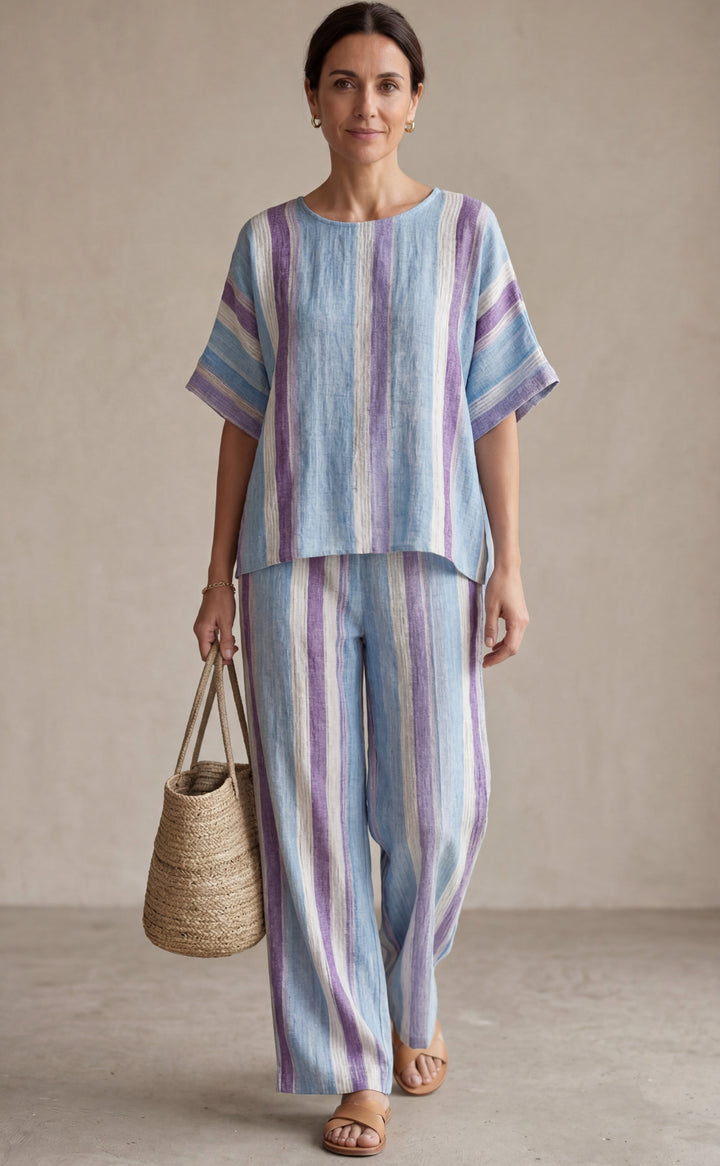 Ginevra — Haut élégant en ton mauve pastel et pantalon en lin rayé