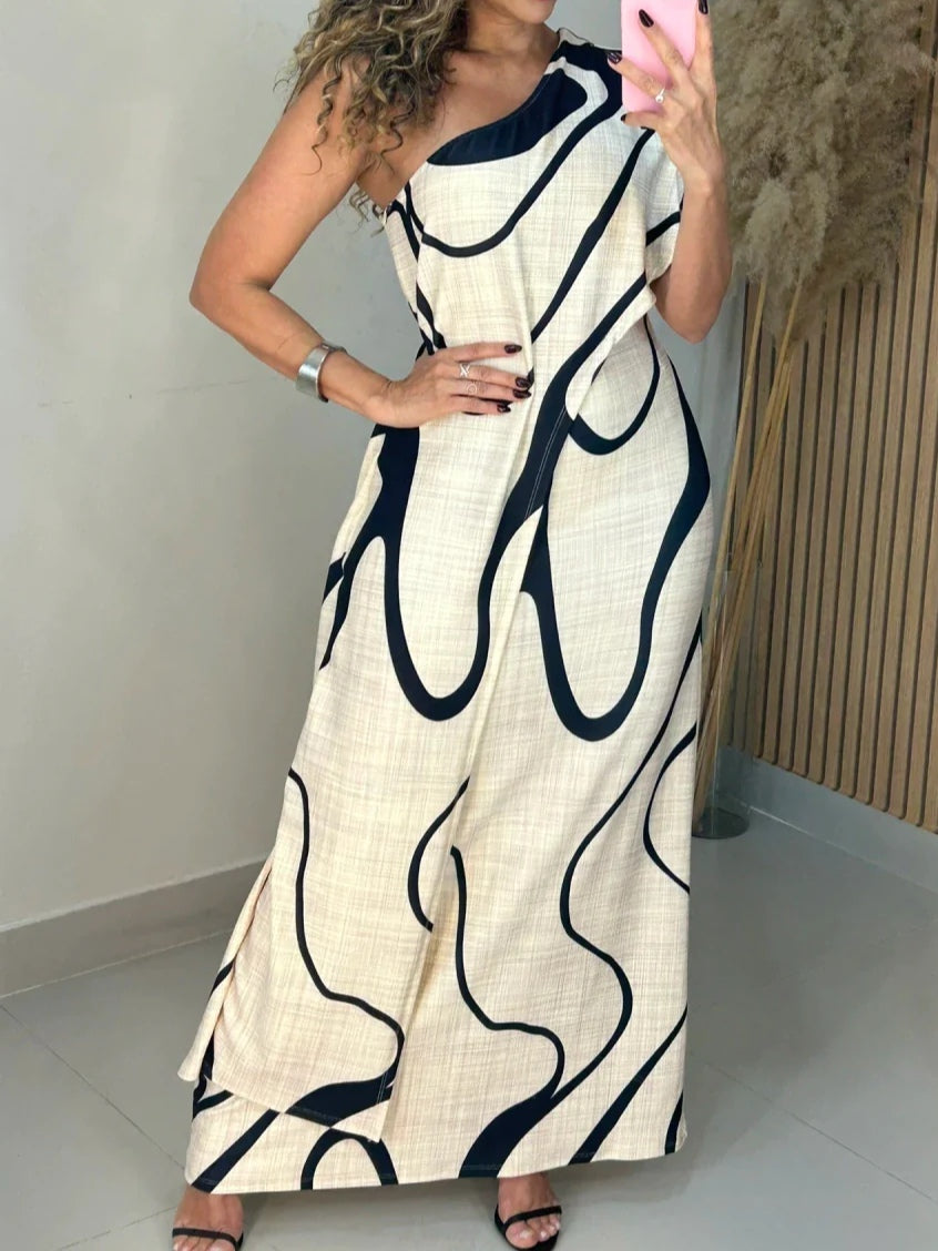 Robe longue à épaules dénudées au motif abstrait