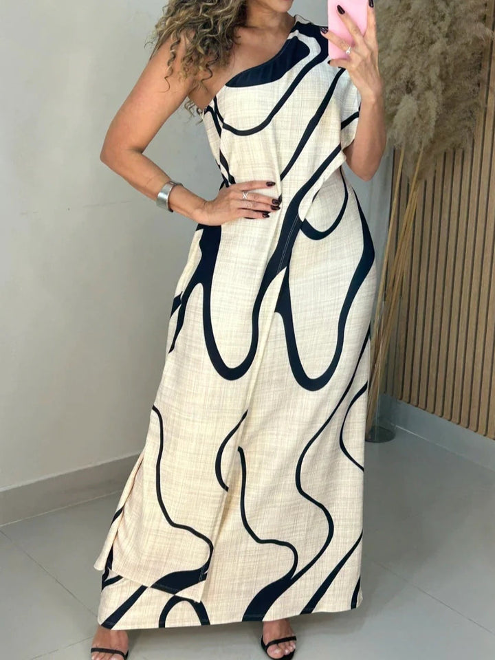 Robe longue à épaules dénudées au motif abstrait