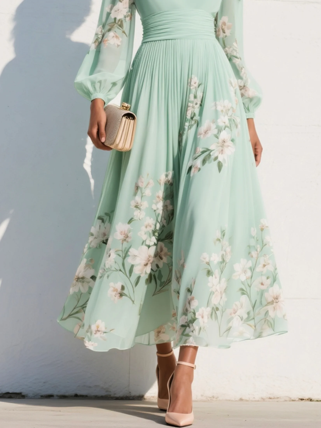 Robe midi vert clair avec décolleté en V plissé en chiffon
