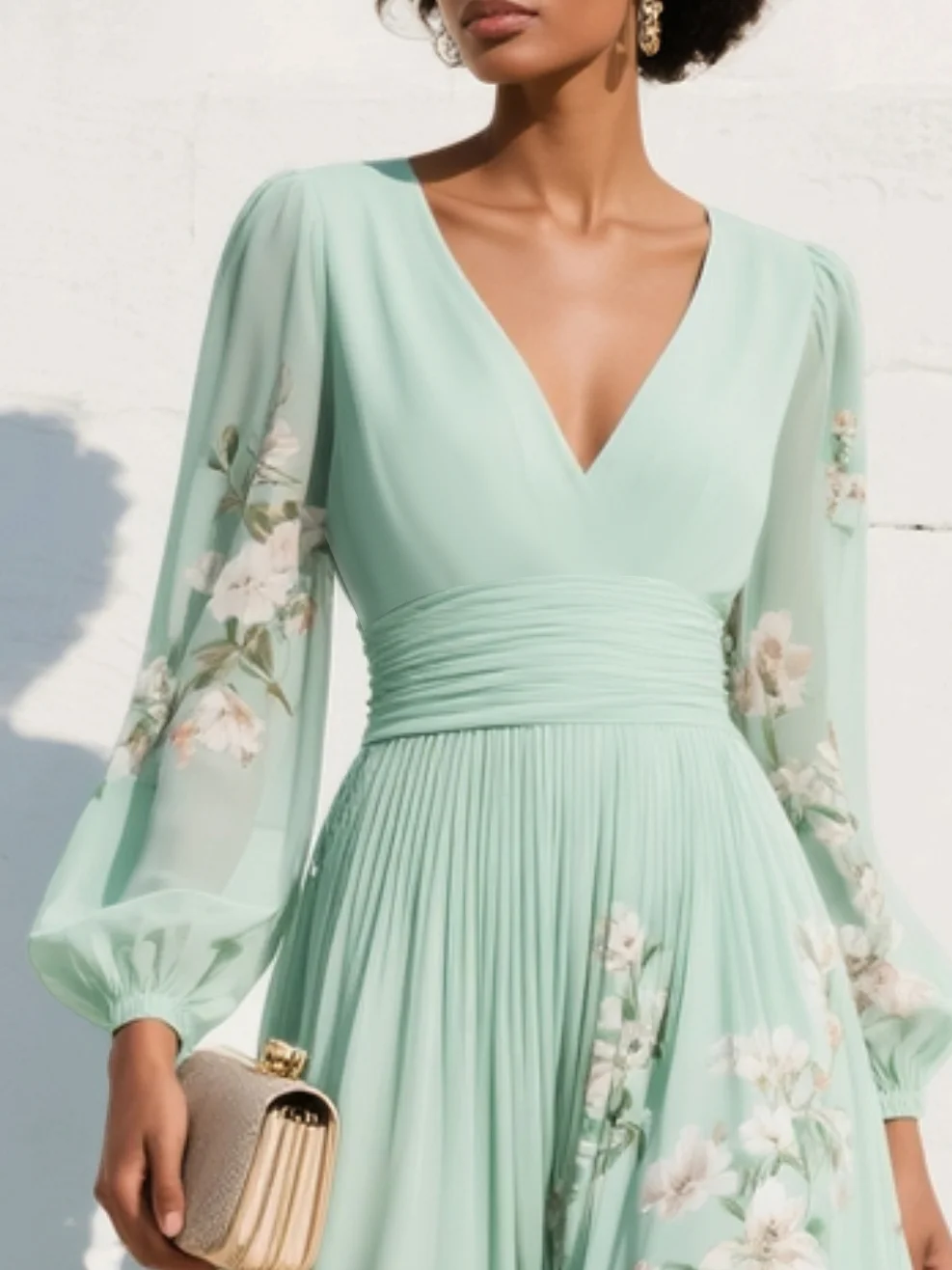 Robe midi vert clair avec décolleté en V plissé en chiffon