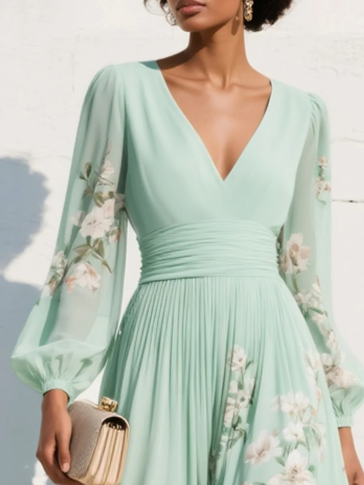 Robe midi vert clair avec décolleté en V plissé en chiffon