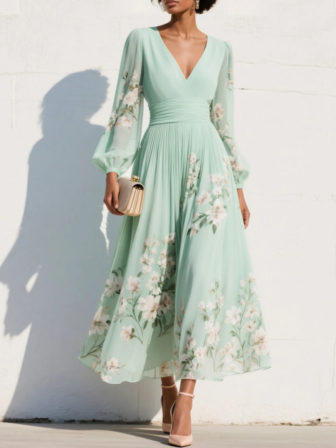 Robe midi vert clair avec décolleté en V plissé en chiffon