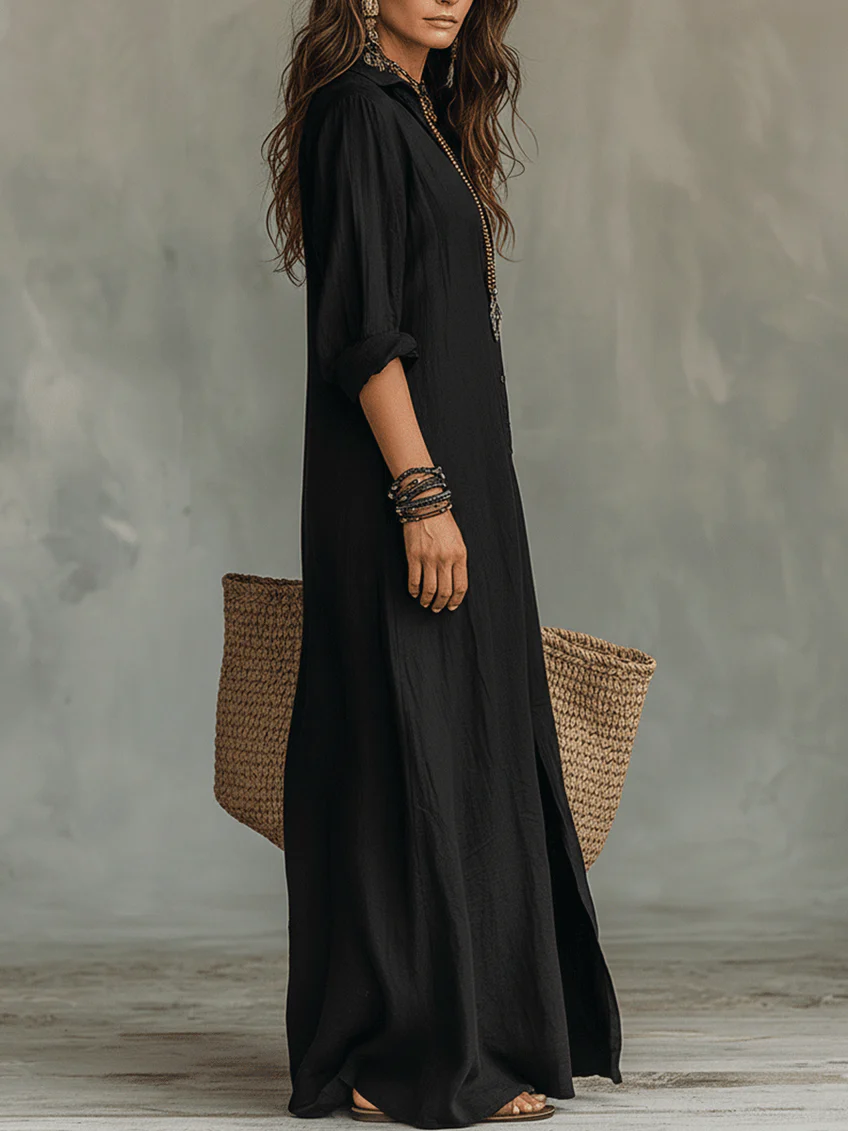 Soline™ | Robe Maxi Noire Ample avec Boutons