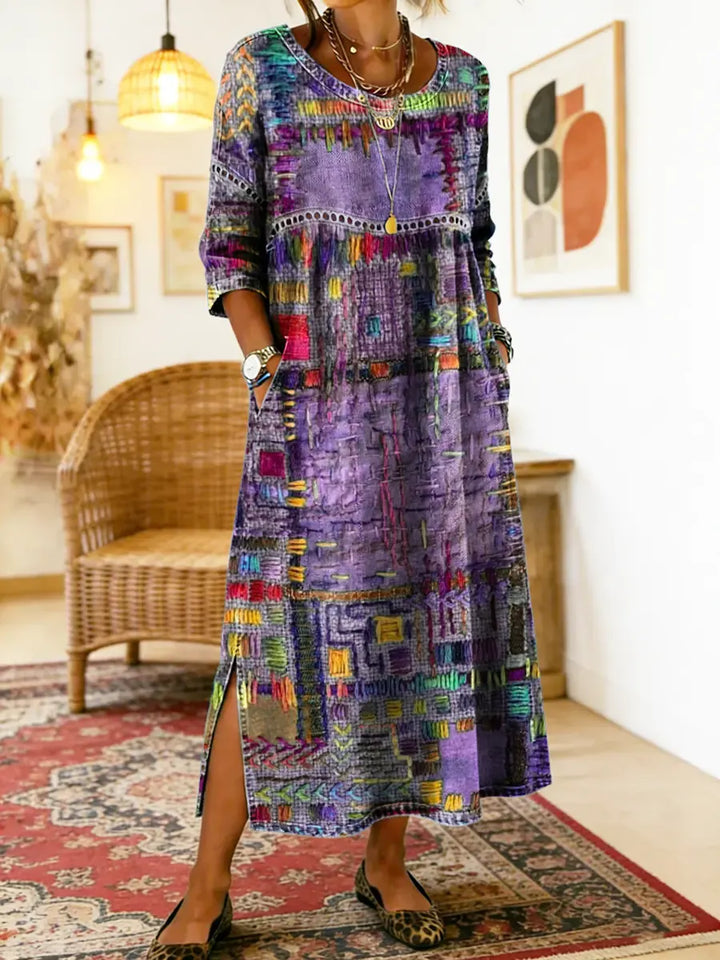 Hélène | Robe en Denim avec Patchwork Ethnique