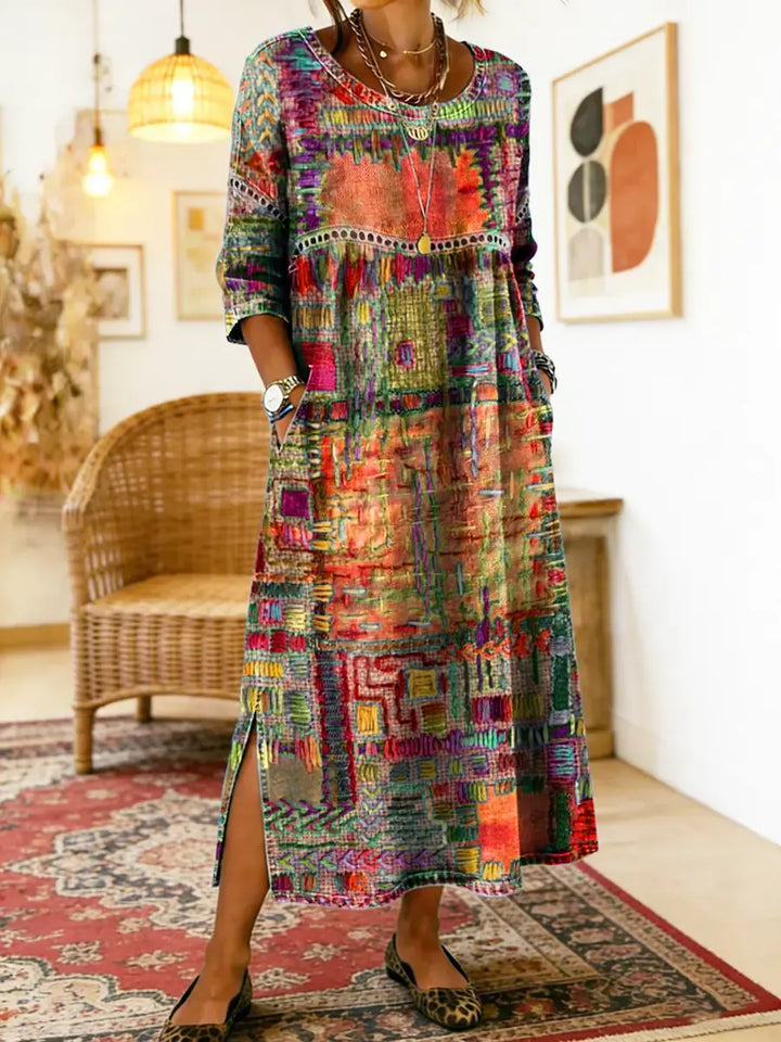 Hélène | Robe en Denim avec Patchwork Ethnique