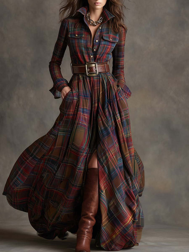 Giulia - Robe longue à carreaux marron-roux de style ethnique rétro avec revers