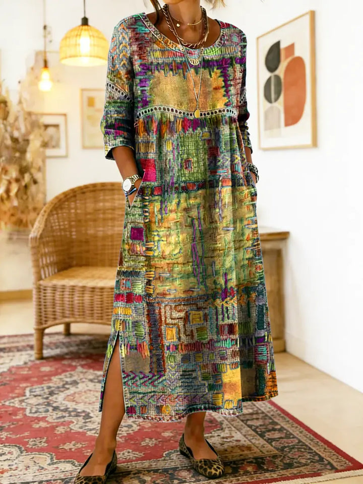 Hélène | Robe en Denim avec Patchwork Ethnique