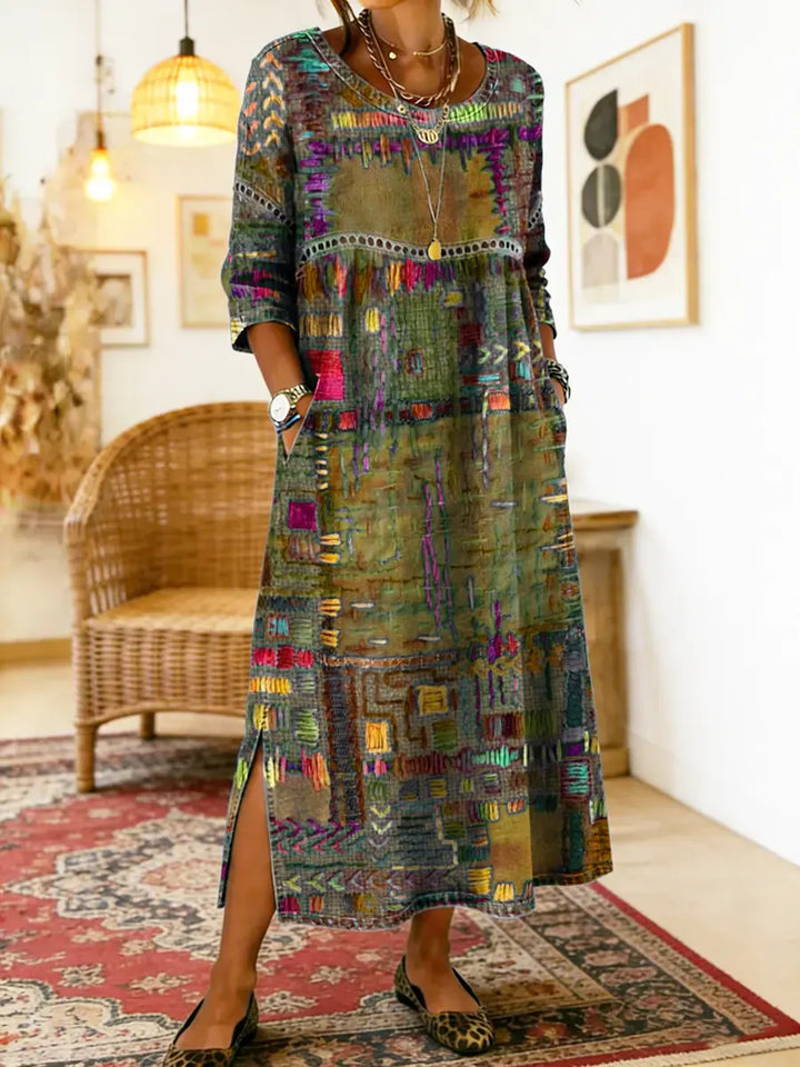 Hélène | Robe en Denim avec Patchwork Ethnique