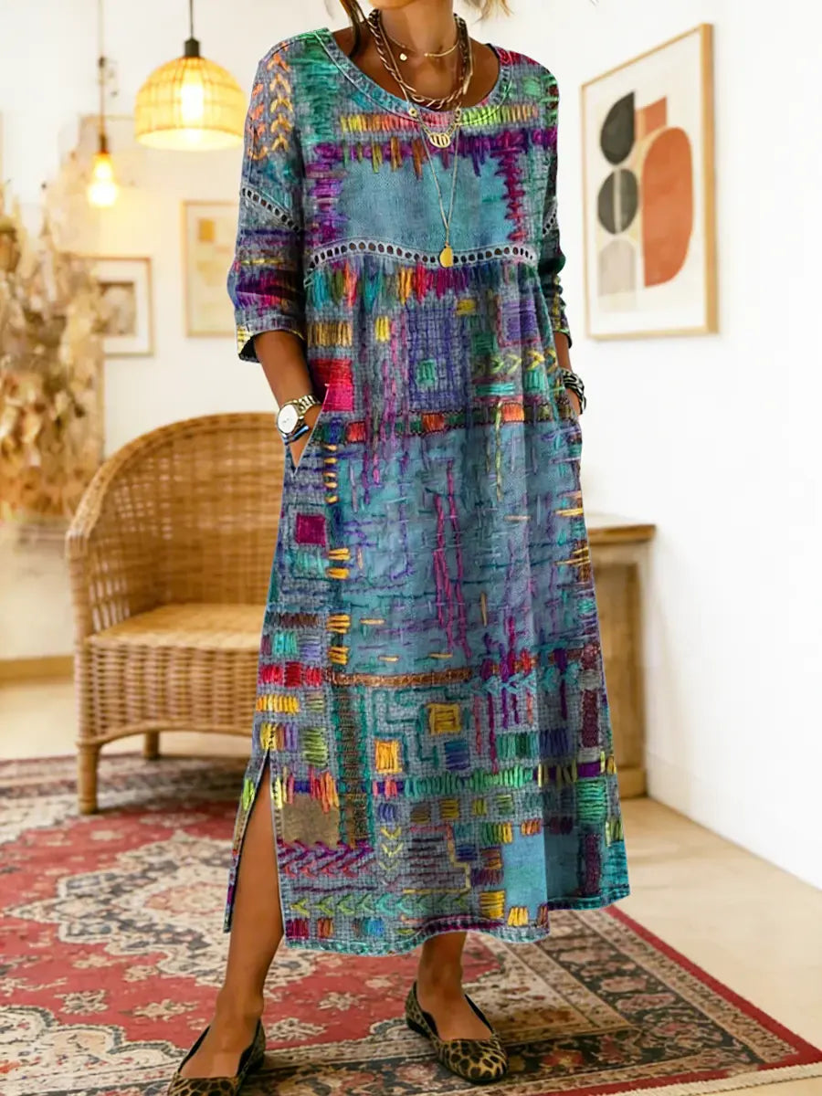 Hélène | Robe en Denim avec Patchwork Ethnique