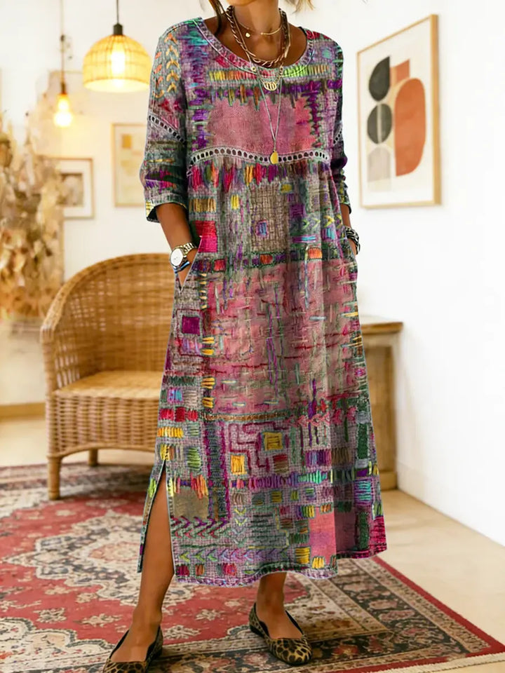 Hélène | Robe en Denim avec Patchwork Ethnique