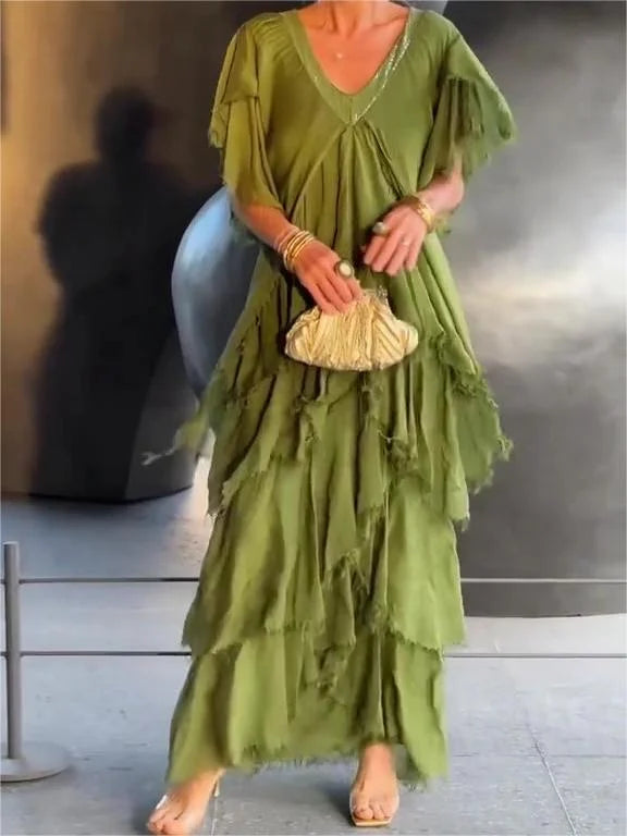 Blaise | Robe Maxi à Manches Courtes Volantes et Décolleté en V