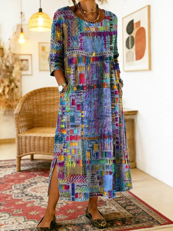 Hélène | Robe en Denim avec Patchwork Ethnique
