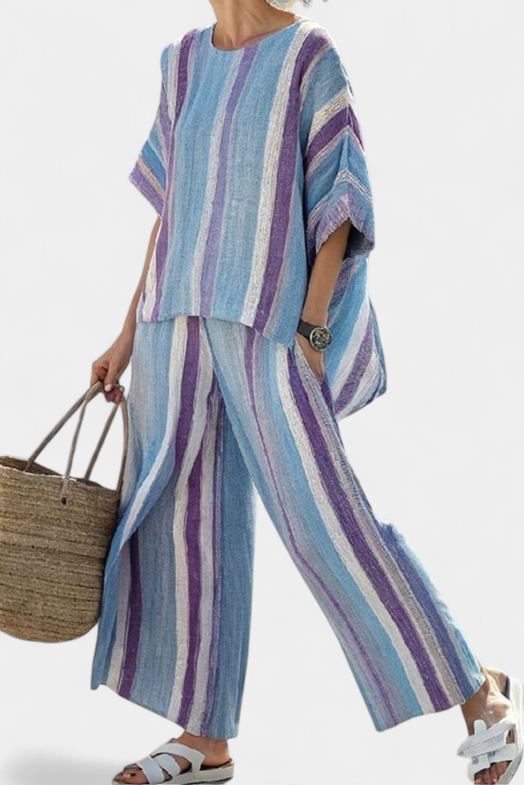 Ginevra — Haut élégant en ton mauve pastel et pantalon en lin rayé
