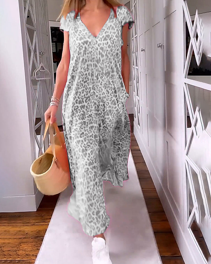 Robe longue col V en imprimé à manches courtes