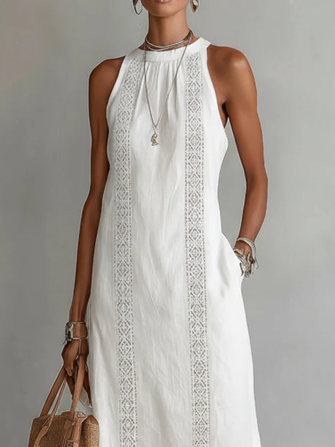 Janina - Robe Midi en Lin avec Col Mao